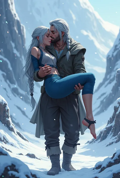  A stylized version of Ciri , Are you being loved fainted.  She has silver hair in a long and elegant braid , } with some loose threads framing her face .  She wears pants that only go up to her leg , And her feet are left bare feet , is naked,  she has an...