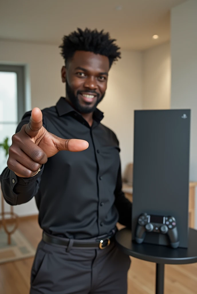 Generate a black person pointing at the PlayStation 4 touchpad 
