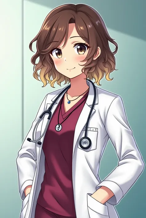  Full body anime cartoon of a female Doctor in a Hospital. She is 20 years old .  She wears a uniform wine shell color and a white coat . The hair is short wavy brown and blonde .  She has a necklace with the letter "C" hanging around her neck . 