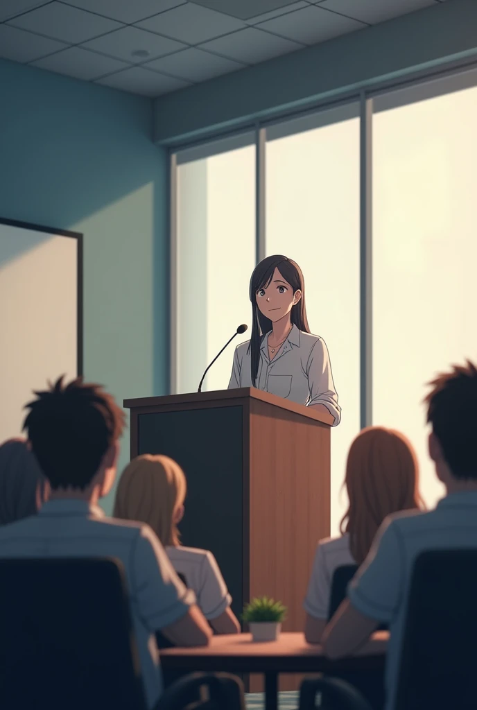 Create an image in the style of Makoto Shinkai A person standing at a podium in a meeting room, praising and acknowledging the team members with a smile.