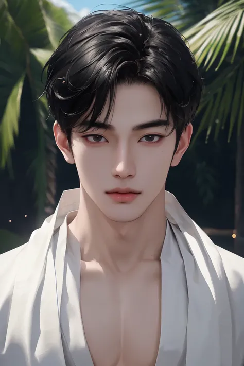 cuteoppa, (Absurdres, intricate details, masterpiece, best quality, high resolution, 8k), (1boy), detailed face, lean body, kind and gentle demeanor, pale skin, black hair, sexy buddhist outfit, exhaustive details, Depth of field, VFX, temple background, p...