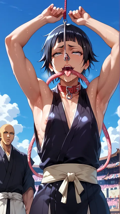 a picture, inspired by Kentaro Miura, trending on pixiv, soifon from bleach, black uniform, favorite scene, fine details, skins, sweating, small breasts, both hands raised, armpits, (small head),armpits visible, dripping with sweat, more more sweat, ((Japa...