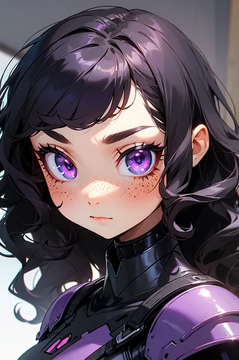 a woman with wavy black hair and purple eyes, black alien armor, freckles, blush, eyeshadow, cute face