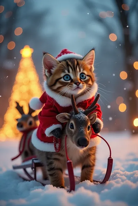 The cutest brown tiger pattern kitten in the world dressed as Santa on a sleigh drawn by a cute reindeer、((Realistic:1.3))、 very big Christmas tree 、 white christmas、City views decorated with Christmas illuminations 、A cute reindeer pulling a sled