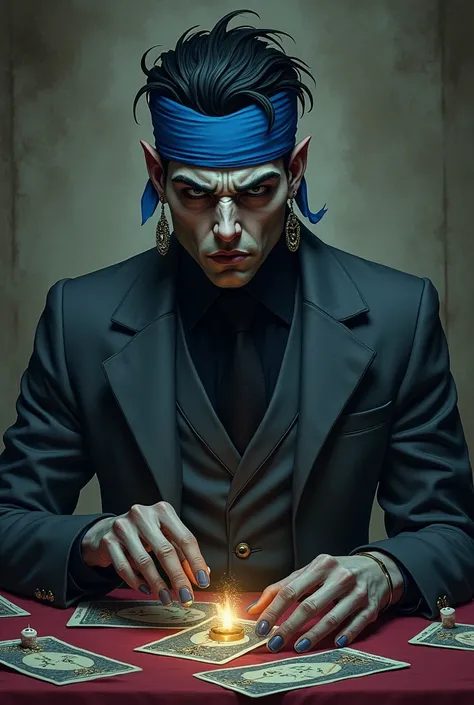 Crusher, Shady fortune teller ,  he looks like Chrollo Lucilfer ,  wears a blue headband on his forehead ,  he has a greyish suit and earrings ,  morbid black eyes and cards in his background image