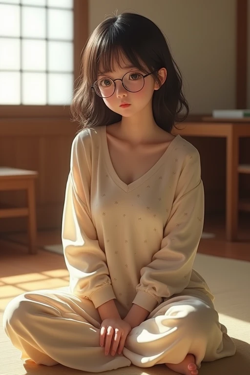 A young Japanese girl with big breasts wearing round glasses, sitting on the floor in a relaxed position. He wore loose clothes with a small polka dot pattern in soft colors. The backdrop is a traditional Japanese-style room with wooden floors, simple wood...