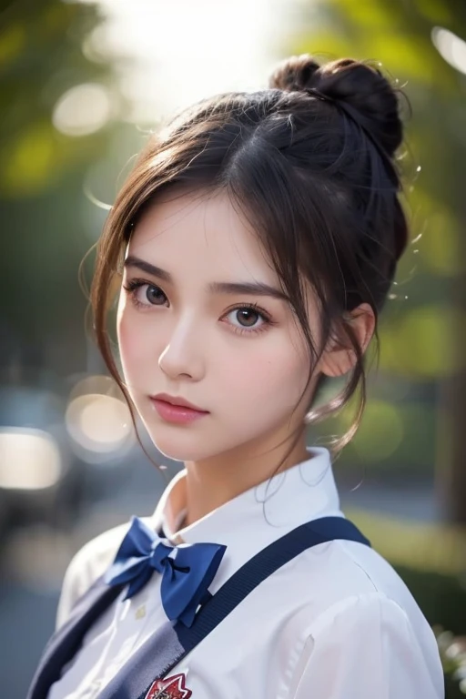   Brown Hair  ,  Dark Eyes,    white skin,  Face like a goose egg   , atmospheric facial features   ,    tall   , confident、Powerful,   Tighten and plump,    high school girl,    school uniform, Curly Hair, Hair Bun, With hairpin, Red Rose, Blue Butterfly,...