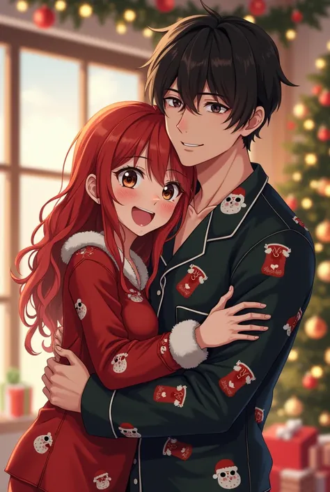 A couple in love with a red-haired girl with long, semi-wavy hair ,  with freckles on her face and brown eyes and wearing Christmas pajamas hugging a tall boy with wavy black hair with square ,  lenses with white skin, both wearing Christmas pajamas laughi...