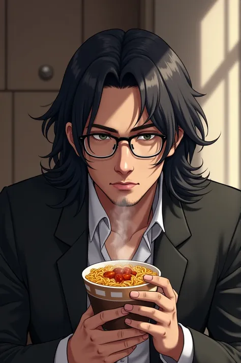 Long hair Black man with glasses holding cup of instant noodles 