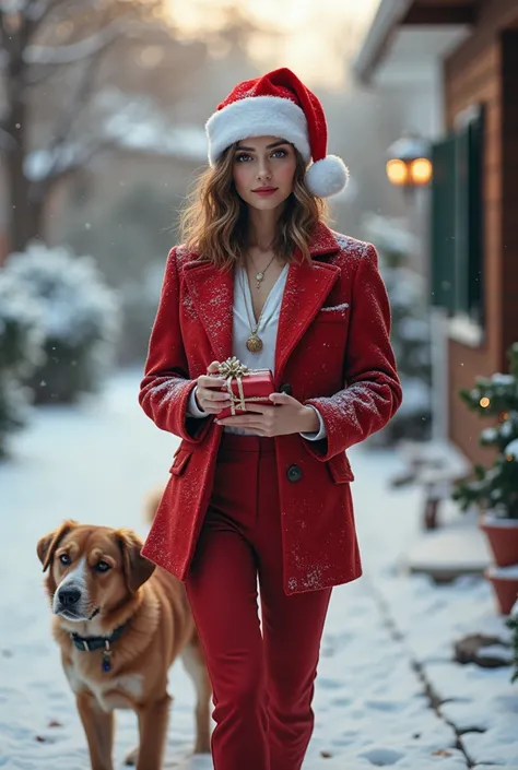 (photorealism:1.2), beautiful woman(a shoulder hair cut),  high image quality, reality, 30-year-old woman, wearing snowy season suits, looking at camera, snowy vibes, skin is clear white, neckless, i watch, Christmas, Santas hat, outside the house, walking...