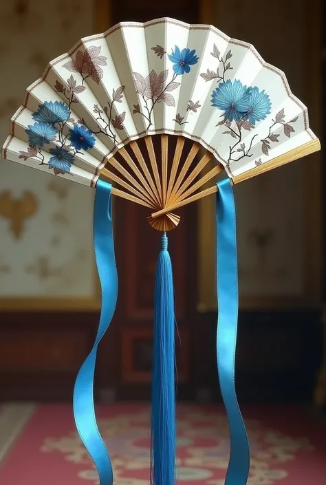 Large elegant fan with flower and thorn print with two long blue ribbons hanging from each end 