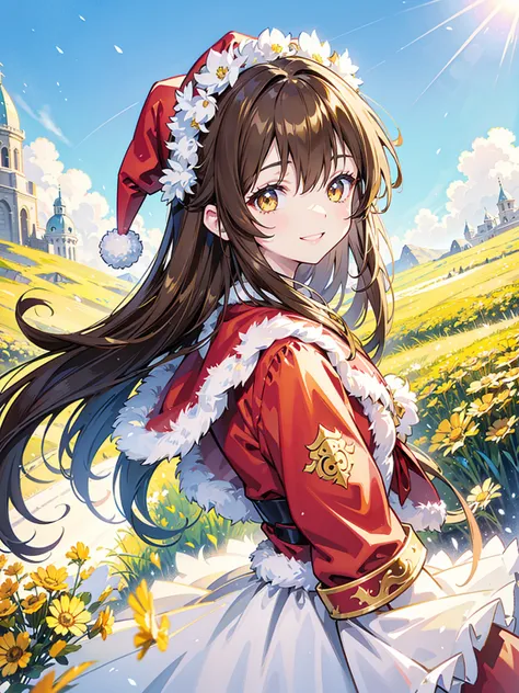  brown hair 、Yellow Eyes、 highlight in the eyes、Shining eyes、smile、Santa costume、 The Background Is Bright、blue sky、grassland、 smiles、Look this way、turn around