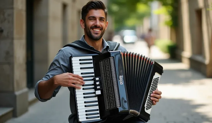 On a worn, gray concrete sidewalk, a gentle-faced, 25-year-old European man, his gentle face and eyebrows raised in fascination, plays a shiny black accordion, its bellows expanding and contracting as he inhales and exhales air, the instruments buttons and...