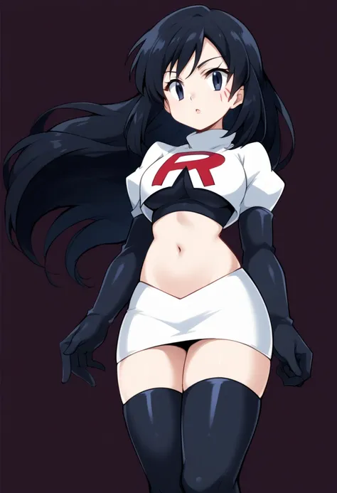 score_9,score_8_up,score_7_up,score_6_up, source_anime, zPDXL3, girl, long hair, black hair, dark blue eyes, white gloves, face markings, team rocket,team rocket uniform,white skirt,red letter R,crop top,black thigh-highs,black elbow gloves, cowboy shot