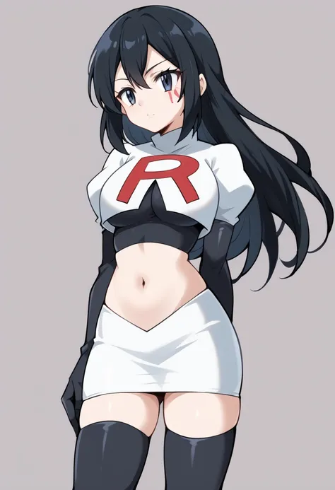 score_9,score_8_up,score_7_up,score_6_up, source_anime, zPDXL3, girl, long hair, black hair, dark blue eyes, white gloves, face markings, team rocket,team rocket uniform,white skirt,red letter R,crop top,black thigh-highs,black elbow gloves, cowboy shot