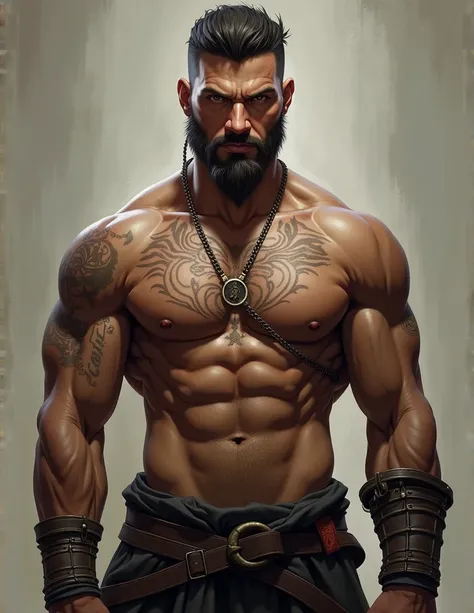 Portrait of Sosiel from the game Pathfinder: Wrath of the Righteous, but shirtless