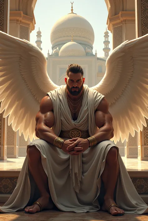 make me a picture of a burly man with white wings and handsome paras sitting next to a mosque