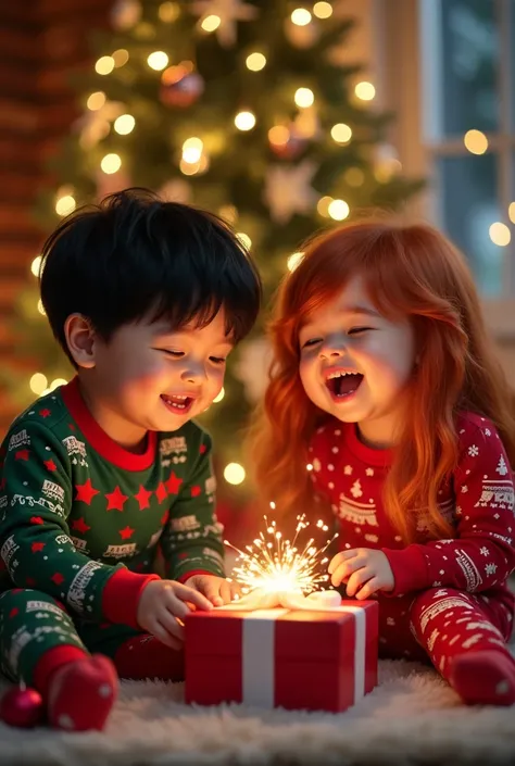 An image of two young ren opening Christmas presents, a boy with black hair and Christmas pajamas smiling and a red-haired girl with wavy hair laughing as they open Christmas presents wearing Christmas pajamas under a Christmas tree. 