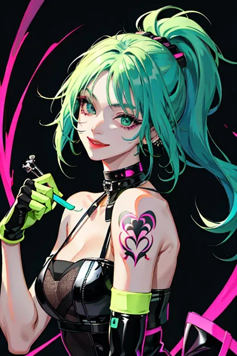  k-pop girl with a smile , exuding confidence,  bad ass ,  black gloves , neon turquoise green-pink hair, Tattoos on the arms and neck, piercing, black and green striped jumpy ,  cool cool pose , smoky background , colorful smoky background 