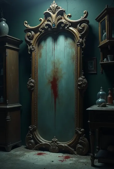 First scene of the mirror
An old wooden carved mirror is kept in a dark shop. There is dust all around it, and there are blood stains on the mirror. Dark horror and realistic image 