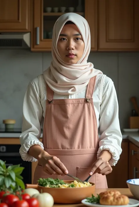 Best quality, masterpiece, realistic, photography. A 20 years old Indonesian man wearing frilly maxi house dress, and hijab cooking in the kitchen. Cute face, light makeup, detailed face features, detailed clothing, facing straight to the camera.