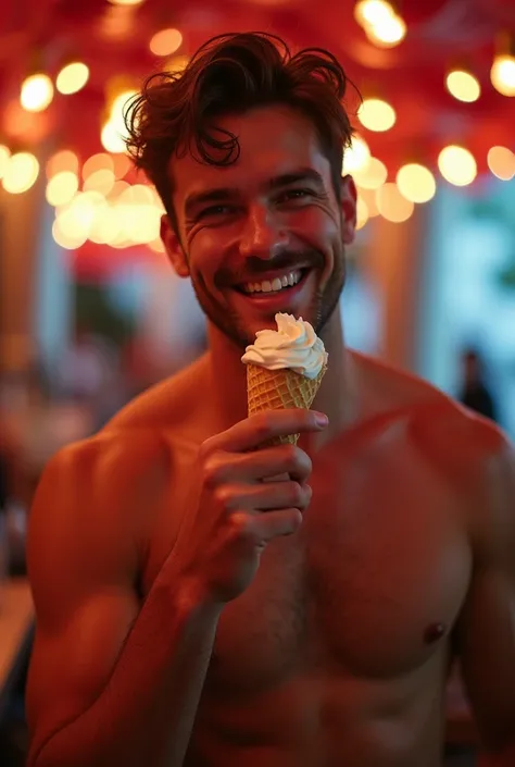 Handsome hunk men,portrait,visible pectorals, sweating,locking a ice cream dripping over his hand and chin,smile,bokeh lights accents,in a fairy full of lights,wallpaper,professional photography, dynamic shadows,warm contrast,trending on flickr 