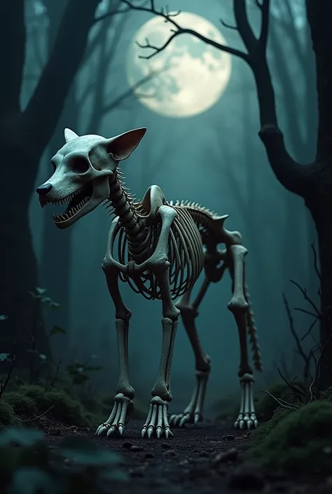 A skeleton of a wolf with detailed bones and a natural, eerie look. The skeleton is displayed in a dark, forested background, with soft moonlight casting shadows over the bones."