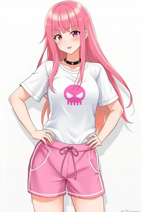  She has long pink hair , pink eyes,  and is wearing a white t-shirt with a pink skull symbol in the center .  The t-shirt is combined with pink sports shorts with white details and a drawstring at the waist.  She also wears a black necklace and displays a...