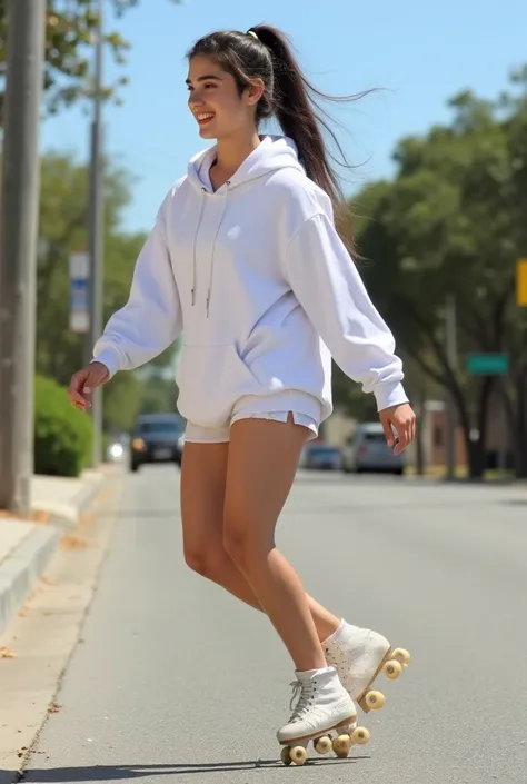 (masterpiece, best quality:1.2), a busty beautiful girl, Jennifer Connelly at age 16, whole body photo, her body looks very healthy and vivid., she is enjoying roller skating., she wears a white hoodie and shorts., pony tail, she is in a sunny street.,, dy...