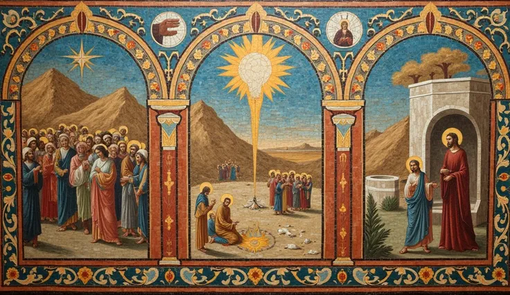 2.	A mosaic with the main events : Baptism, The previously intimidating desert ,  the call of the disciples and the first miracle