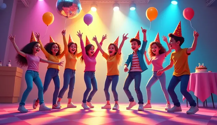 "Create a vibrant cartoon-style image of a group of cheerful s dancing in a colorful party setting. The s are wearing bright party hats and holding balloons. A disco ball hangs from the ceiling, casting colorful lights all around. The floor is a glowing ch...