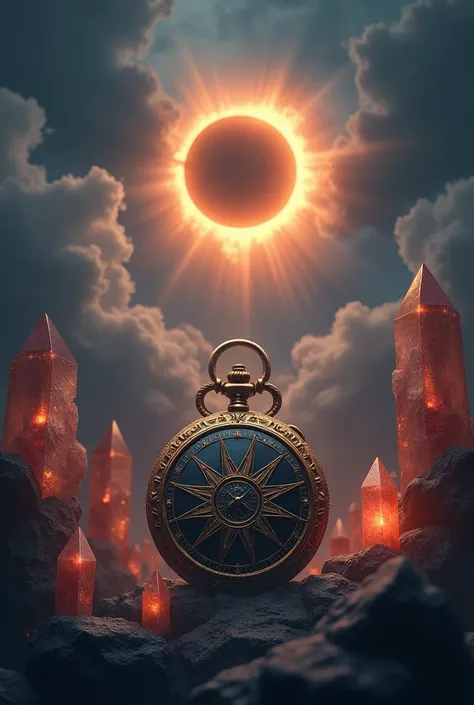 Cloudy and dark sky and in the center a pocket watch with rays and a sun on the back projecting a sun simulating an eclipse and in the corners several crystals, many glowing and beaked crystals, some with little bright and glowing blood.