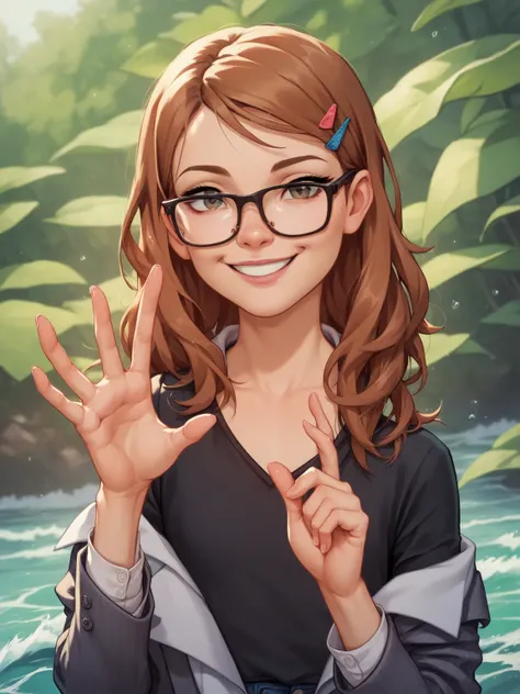 score_9, score_8_up, score_7_up,  score_6_up, BREAK, LilMegan , Endystyle ,  1girl, glasses,  hair clip ,  brown hair ,  flat chest,  black shirt , jeans, smile,  suit skirt looking at the viewer , In the forest,  raise your left hand, waves his hand, uppe...