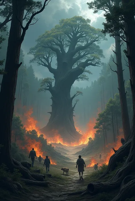 Full illustration of a forest suffering multiple natural disasters