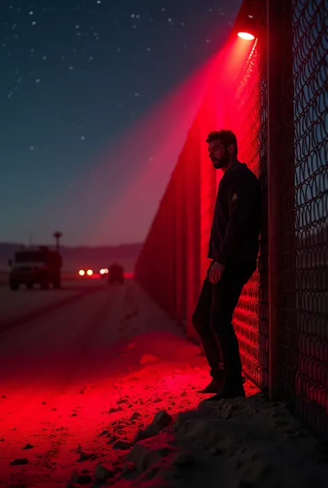 Beneath the star-studded Nevada night sky, a shadowy figure struggles to climb the tall, imposing perimeter fence of Area 51. A red siren light spins frantically, casting a crimson glow that pierces the darkness and stains the desert sand with a blood-red ...