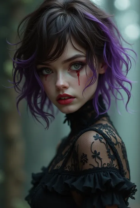 Create an image of a female vampire with 1 ,56m , short brown hair with purple highlights,  Gothic style , rebel, but docile,  fair skin , pointed teeth filled with blood