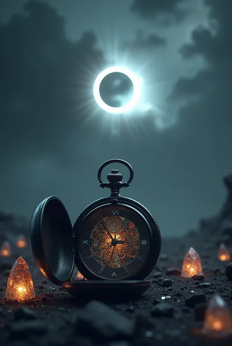 Cloudy and dark sky and in the center a black and open pocket watch with rays and on the back projecting a sun simulating an eclipse and in the corners several crystals, many glowing and peaked crystals, some with little bright and glowing blood.