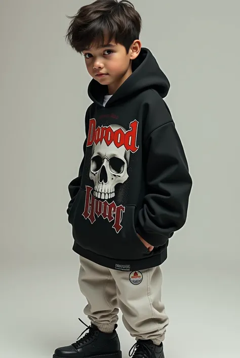 A  boy in black hoodie with white pant and black shoes in his shirt print dawood