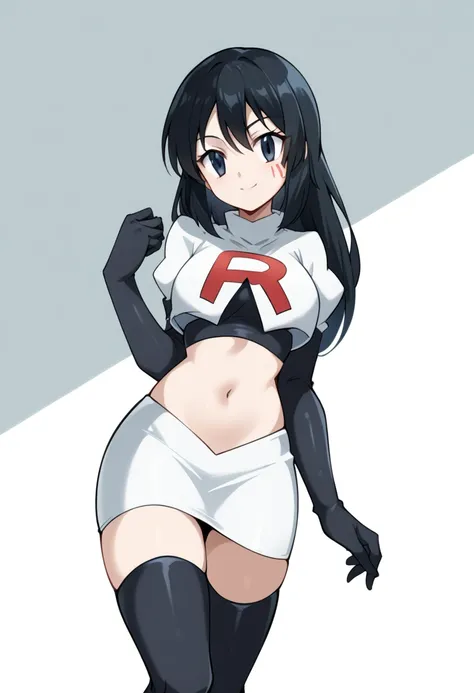 score_9,score_8_up,score_7_up,score_6_up, source_anime, zPDXL3, girl, long hair, black hair, dark blue eyes, white gloves, face markings, team rocket,team rocket uniform,white skirt,red letter R,crop top,black thigh-highs,black elbow gloves, cowboy shot