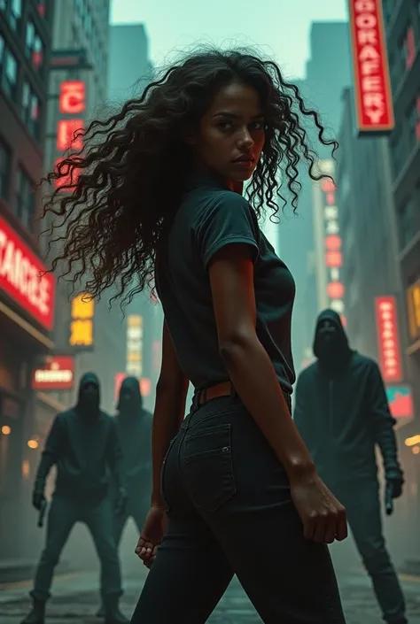 Give me the cover image of a movie with the content of the curly-haired girl avenging the death of her father by confronting a gang of gangsters