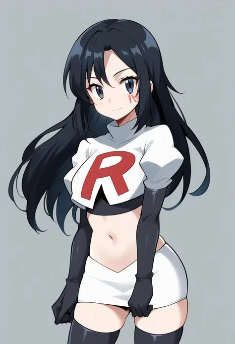 score_9,score_8_up,score_7_up,score_6_up, source_anime, zPDXL3, girl, long hair, black hair, dark blue eyes, white gloves, face markings, team rocket,team rocket uniform,white skirt,red letter R,crop top,black thigh-highs,black elbow gloves, cowboy shot