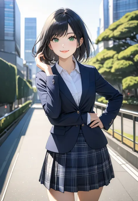 masterpiece, highest quality, solo,, (perfect face:1.1), (high detail:1.1),a school girl, tokyo backdrop, black hair, medium hair, right side-swept bangs, green eyes, dark blue blazer, shirt,dark blue skirt,plaid skirt, thigh, one hand on hip,  cowboy shot...