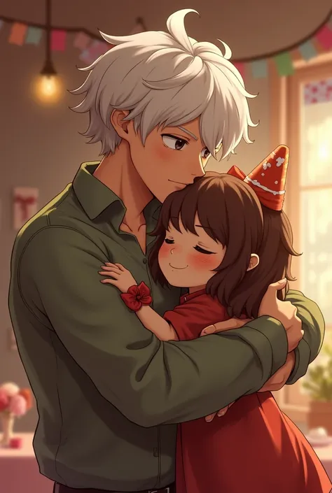 A white-haired young man hugging a chocolate girl birthday decoration 