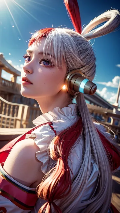 masterpiece Uta,  One Piece (set),  anime style art , masterpiece, setเดรสสีขาวหรูหรา, Long red and white hair,  one woman, Alone, Earphones, conjunctivitis,  watching the audience,  beautiful faces,  detailed face , gag,  volume release on one photo: Inte...