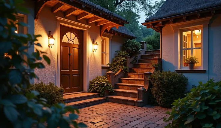 Summer twilight, you can see the entrance hall, the cottage-style house, the enchanting staircase on the left. The entrance exudes a fashionable charm, reminiscent of a cozy country house. The hall invites me to explore further, and the stairs invite me to...