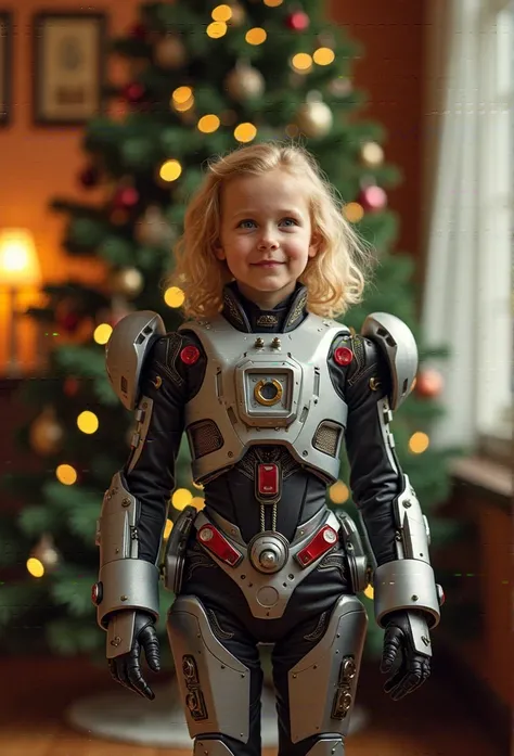  schoolgirl, white, blonde girl stands in front of the Christmas tree in a transformer carnival costume, photo in retro style of the 1940s, color, Christmas, full length, costume in the form of a robot,