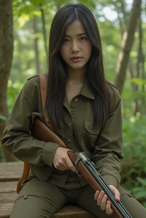 beautiful young 24 years old thai woman, slender, fair skin, long straight black hair, wearing british safari hunting outfit, holding rifle, sitting on wooden hunting tree stand in primeval forest thailand, cinematic movie style, (best quality,4k,8k,highre...