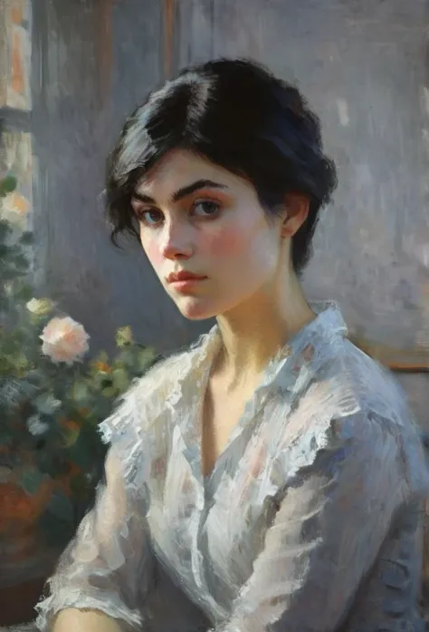 Portrait of a young woman, beautiful,(((  sad ))),(wistful), by Monet, dynamic  lighting, Artstation, poster, volumetric illumination, very detailed, 4 thousand, awarded,, 1girl, In the dark, Deep shadow, discreet,(((  short hair))), ((( black hair)))