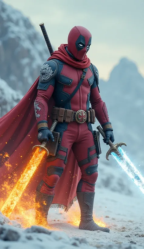 Deadpool in the Arctic desert, with a long sword of fire and ice (the same sword, has both powers). He wears a marshmellow mask (white mask) and white dragon details on his clothes, Despite being in an Arctic environment, the colors of his clothes are warm...