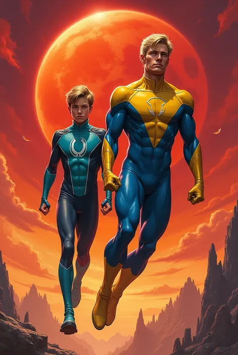 Two Brothers muscular hunk  Caucasian blond Vaughn Harris aka Awesome Boy 18-years-old yellow and blue costume and  athletic fit Caucasian blond teen boy Adrien "Dren" Bierce 14-years-old  turquoise and midnight blue costume patrolling planet Zaylene red s...